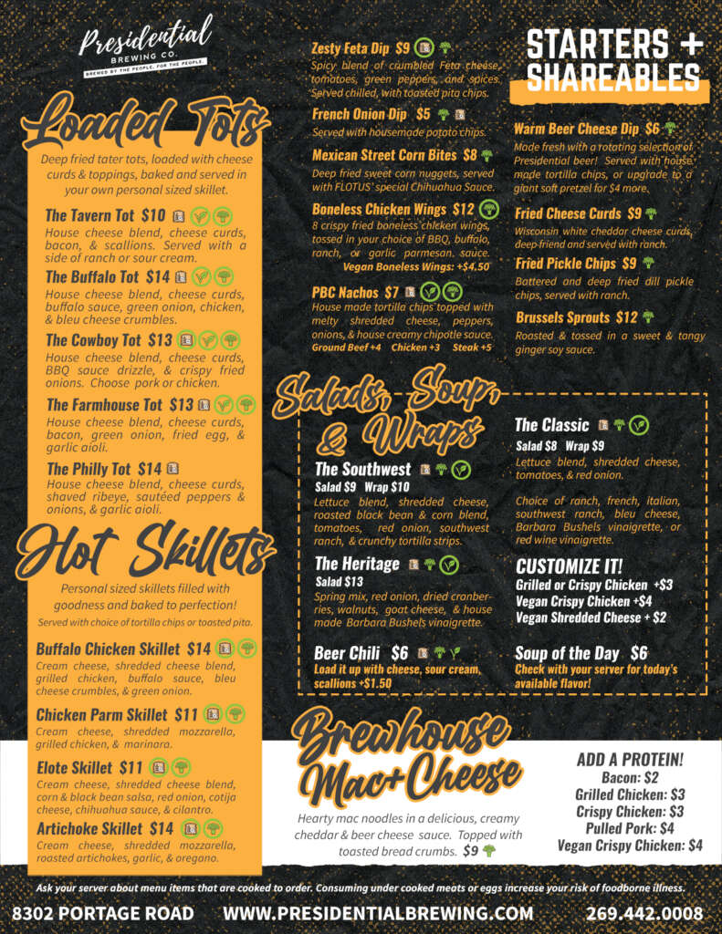 lunch and dinner Menu for Presidential Brewing in Portage