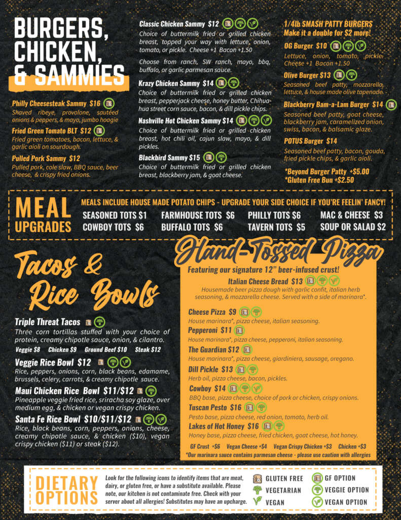 lunch and dinner menu in portage at Presidential Brewing