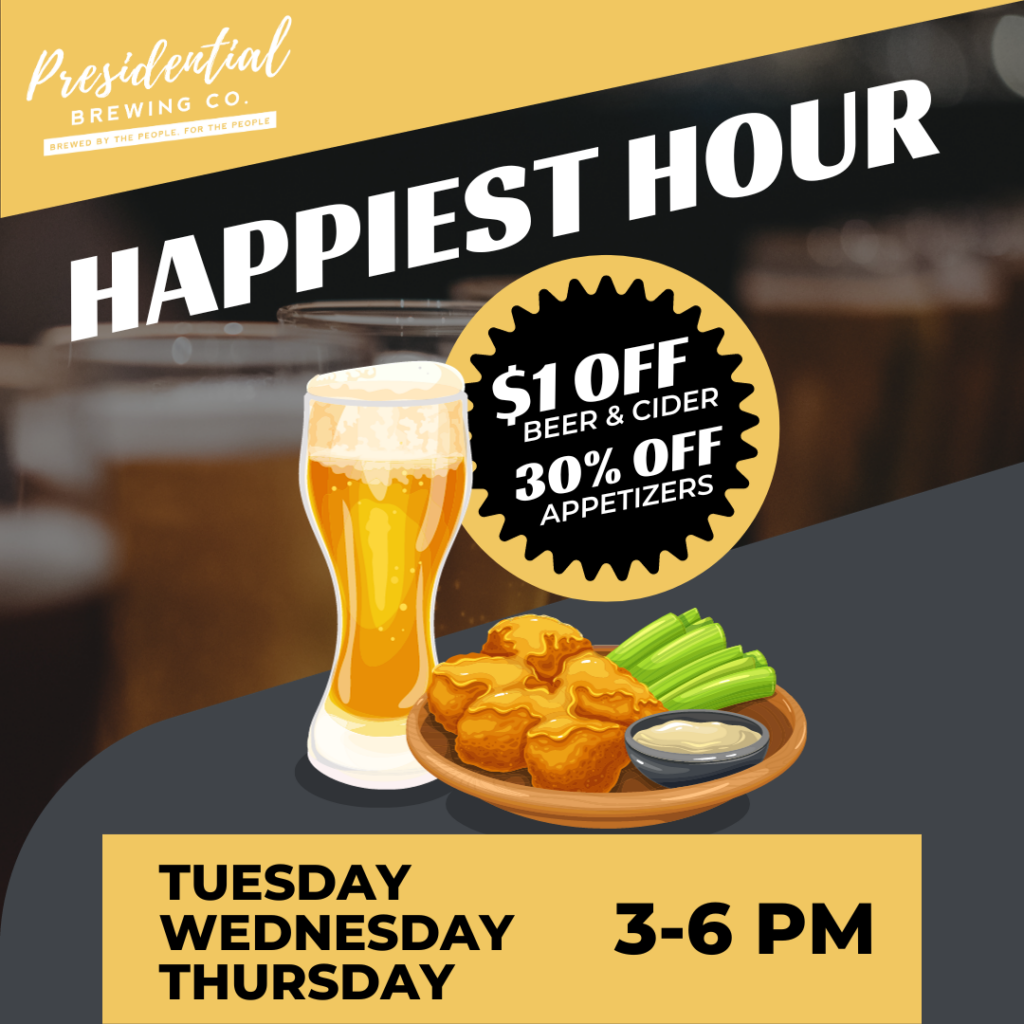 Happy Hour drink and food special discounts at Presidential Brewing in Portage, mi