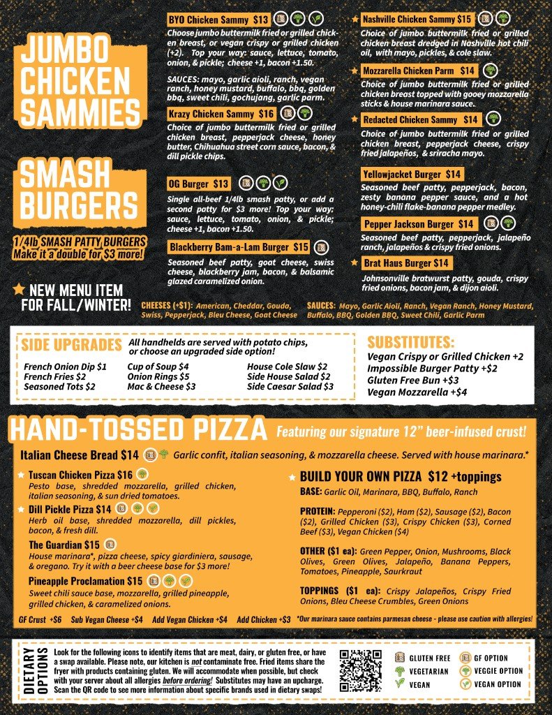 Chicken, burgers, and pizza on the menu