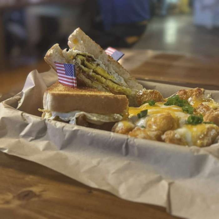 Texas Toast, eggs, cheese, gravy, tots